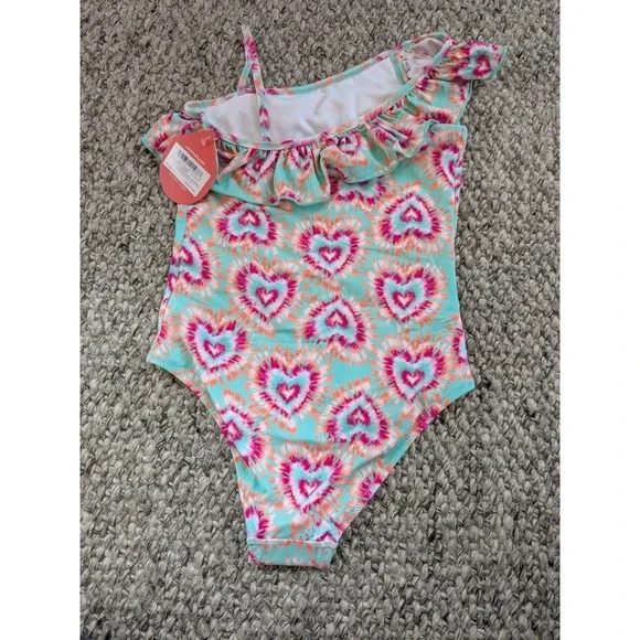 NWT Hatley Swim Rainbow Tie Dye Glow Hearts 1 Piece Swimsuit Ruffle Trim Girls 8 - Picture 5 of 7